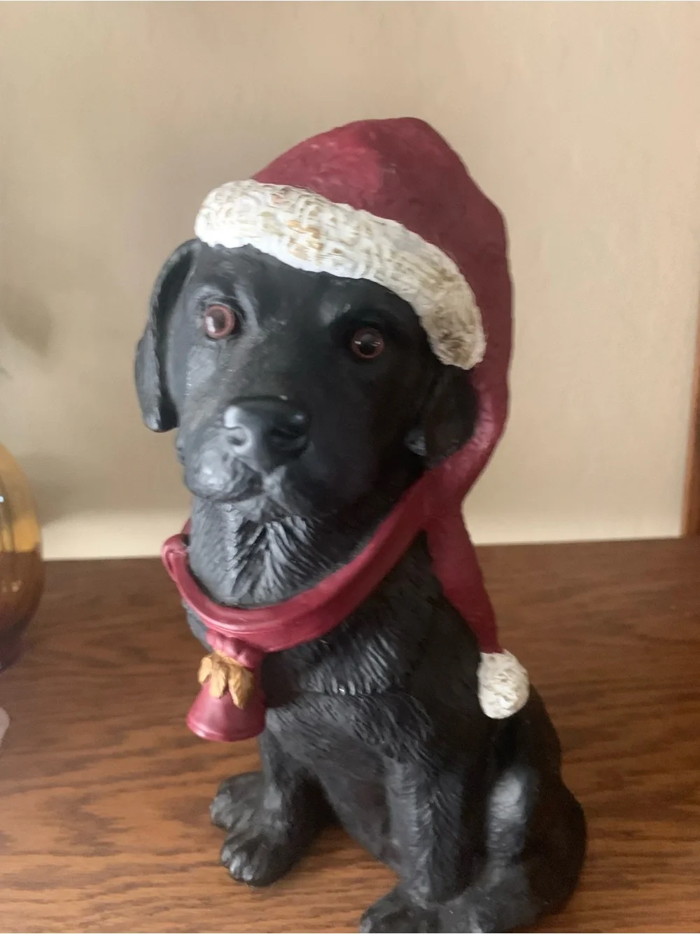 Black Labrador Figurine with Red Holiday Hat - Decorative Pet Decor